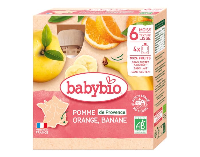 BABYBIO Gourdes - 4x90g - Dès 6 mois Pomme - Orange - Banane