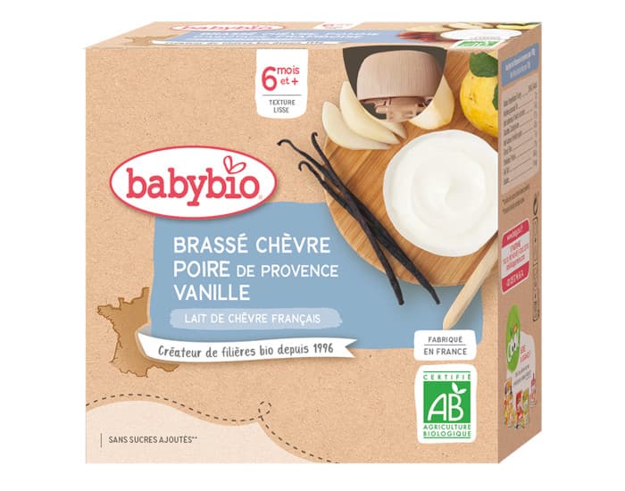 BABYBIO Gourde Brassé de Chèvre - Dès 6 mois - 4 x 85 g Poire de Provence Vanille - 6 mois