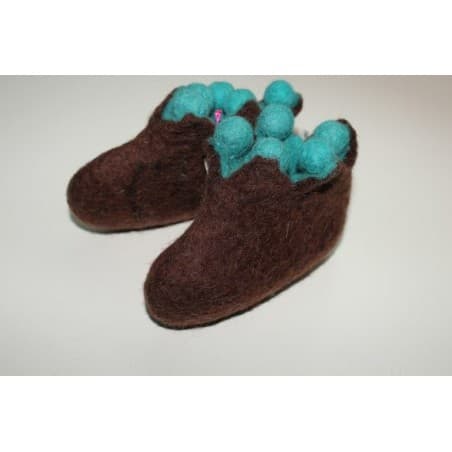 Chaussons 1er âge en feutre - marron/vert