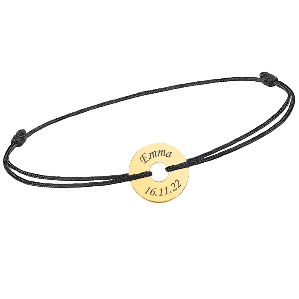 Bracelet cordon noir disque plaqué-or personnalisé - 2132