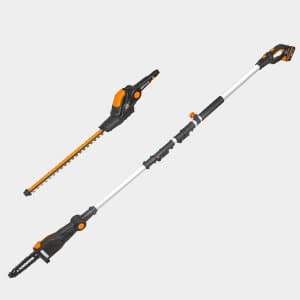 45 cm lange, akkubetriebene Teleskop-Heckenschere mit 20 cm langem Astschneider und einer Stange von 1,8–2,3 m
