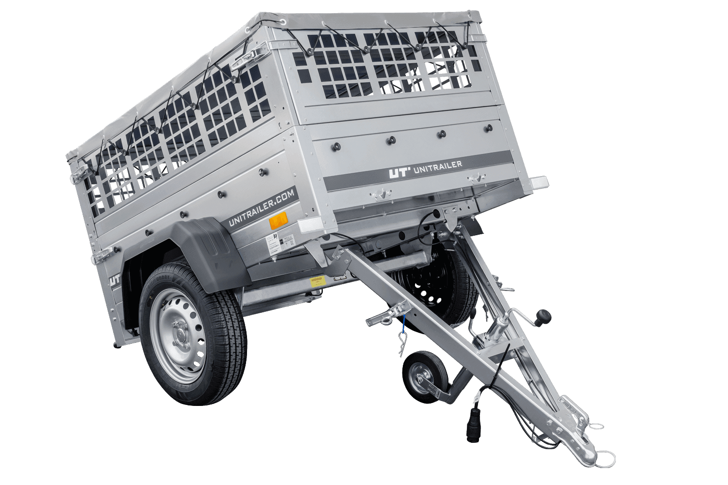 Kippanhänger Unitrailer Garden Trailer 150 KIPP 150 × 106 cm, zulässiges Gesamtgewicht 750 kg, graue Flachplane + Stützrad
