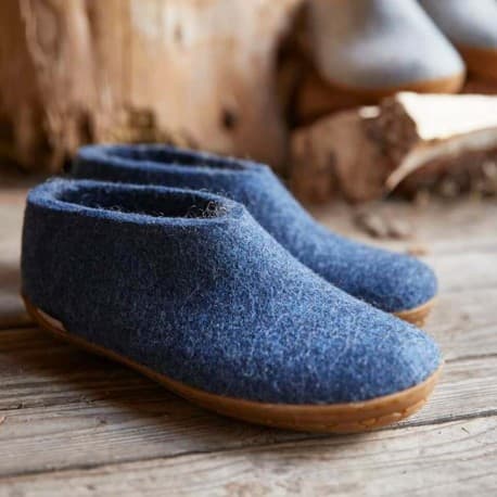 Chaussons adultes laine bleu denim semelles caoutchouc Bleu 44