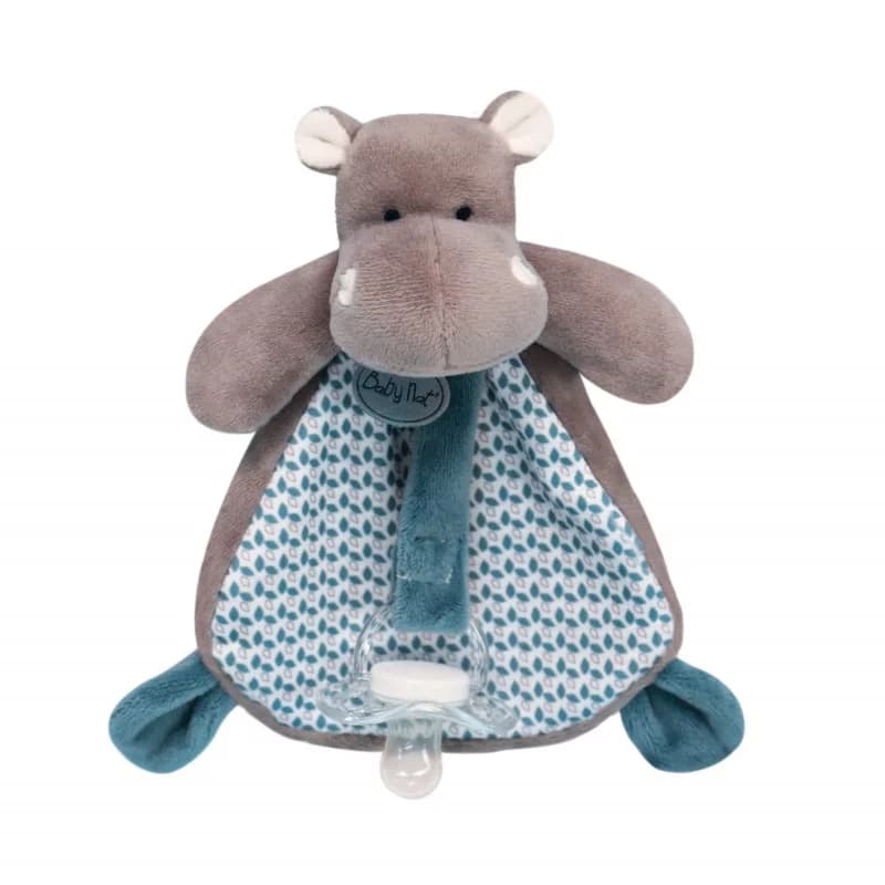 Doudou attache-sucette hippo - baby nat' bleu