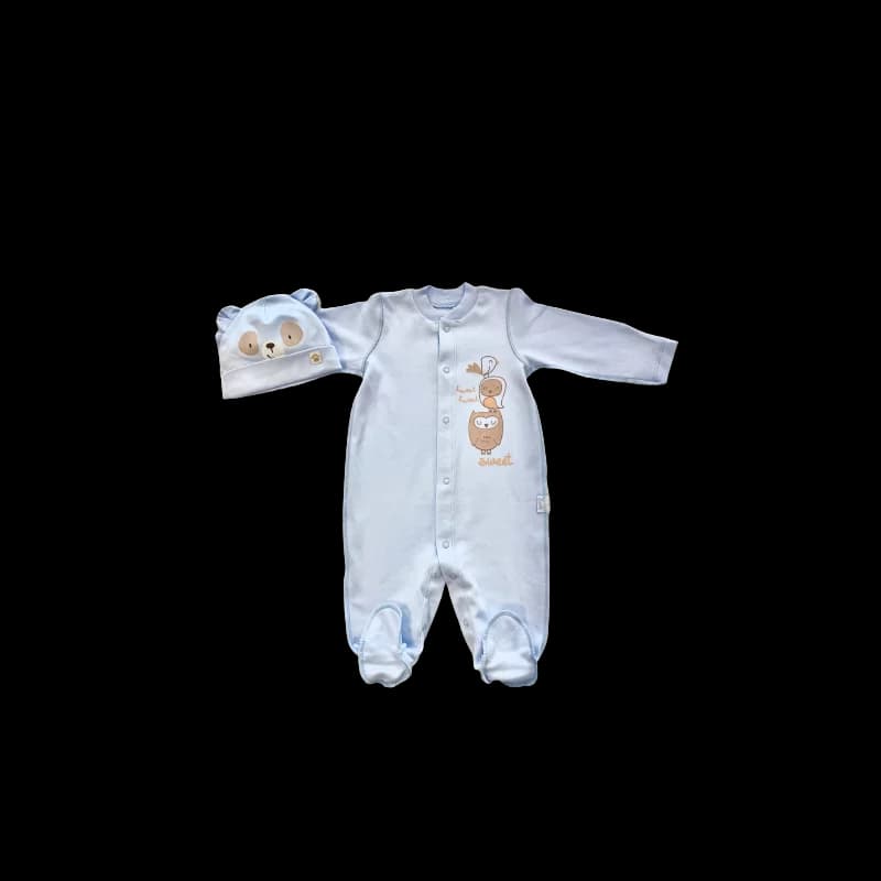 Pyjama et bonnet uni 0-3 mois 100 % coton - bembi bleu