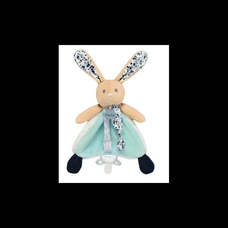 Doudou attache-sucette lapin poupi bleu