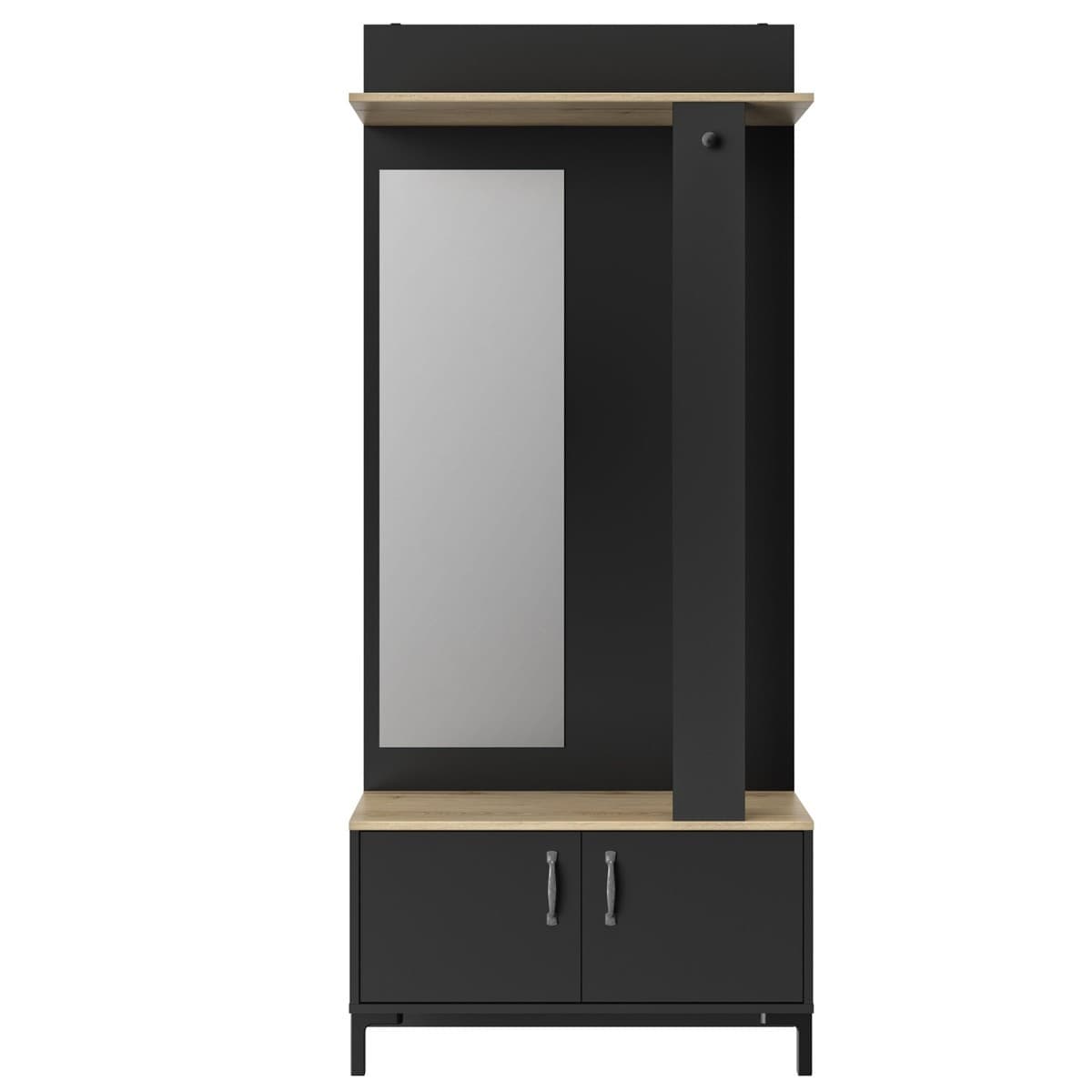 Meuble d'entrée noir 2 portes et un miroir - Fabrication Française - Panneaux de particules - Calicosy
