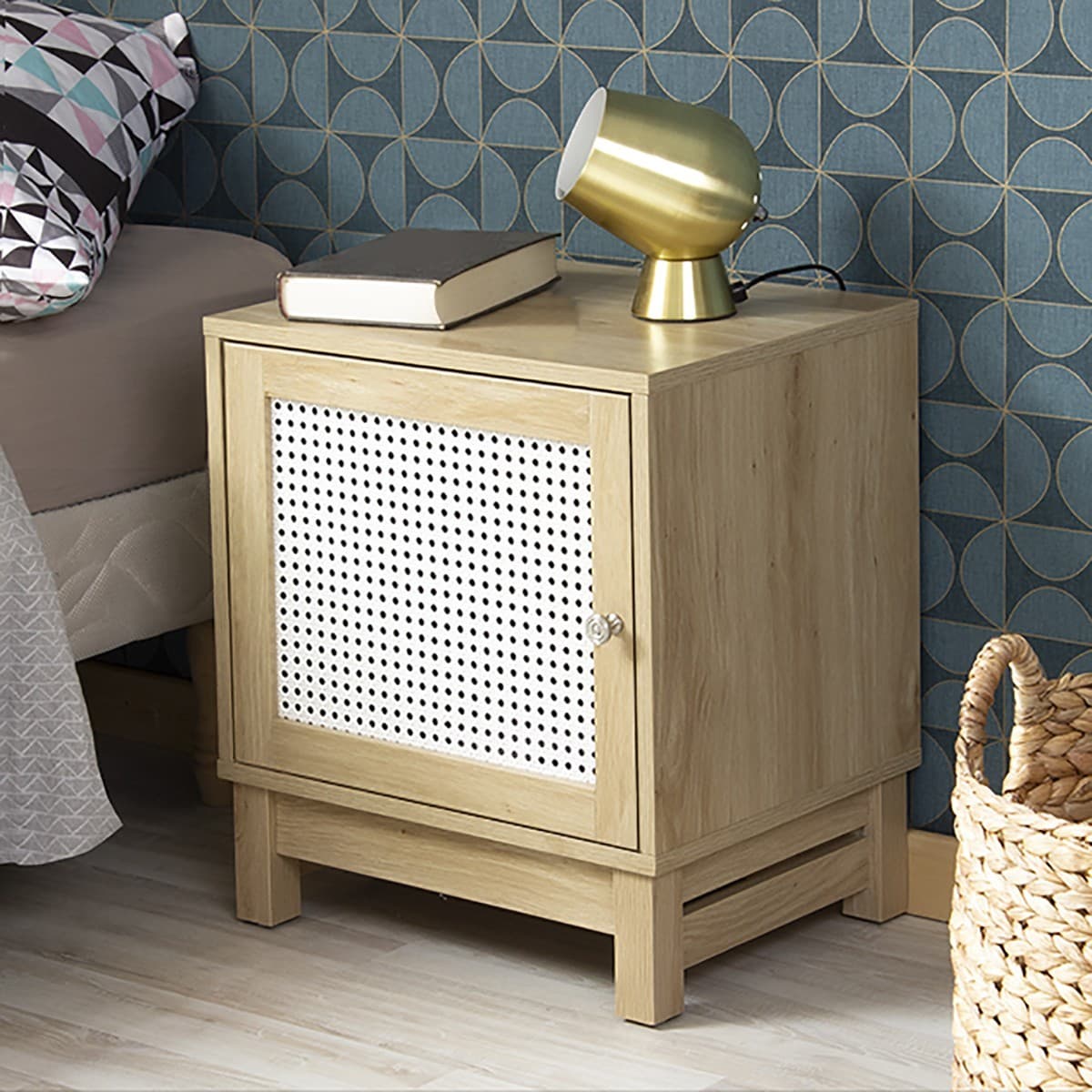 Table de chevet 1 porte façade rotin - Calicosy