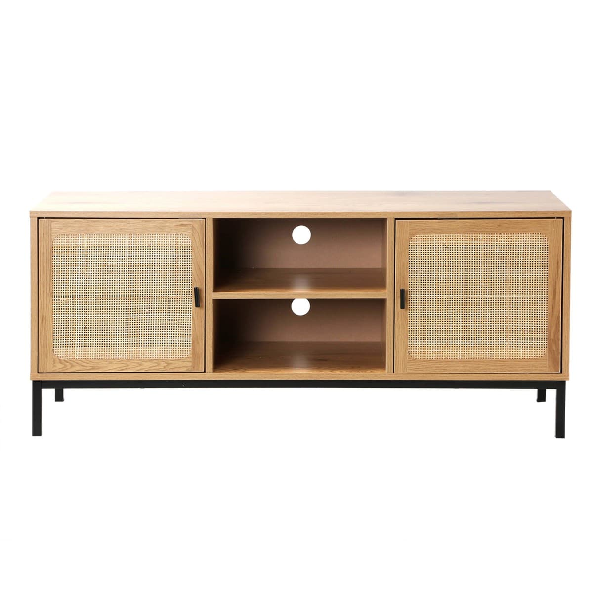 Meuble TV 2 Portes avec Cannage Rotin et 2 Niches L120cm - JAYA - Panneaux de particules - Calicosy