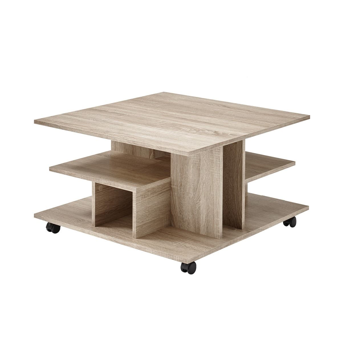 Table Basse sur Roulettes avec Niches de Rangement - 76 x 76 x H44 cm - Panneaux de particules - Calicosy