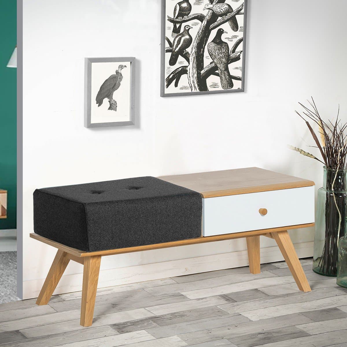 Banc avec tiroir et coussin - L100 x H43 x P40 cm - Calicosy