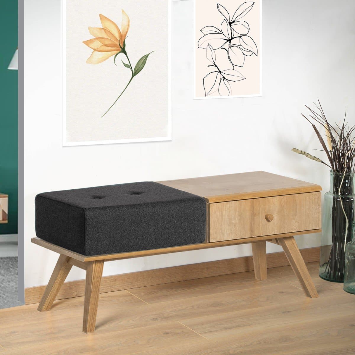 Banc avec tiroir et coussin - L100 x H43 x P40 cm - Calicosy