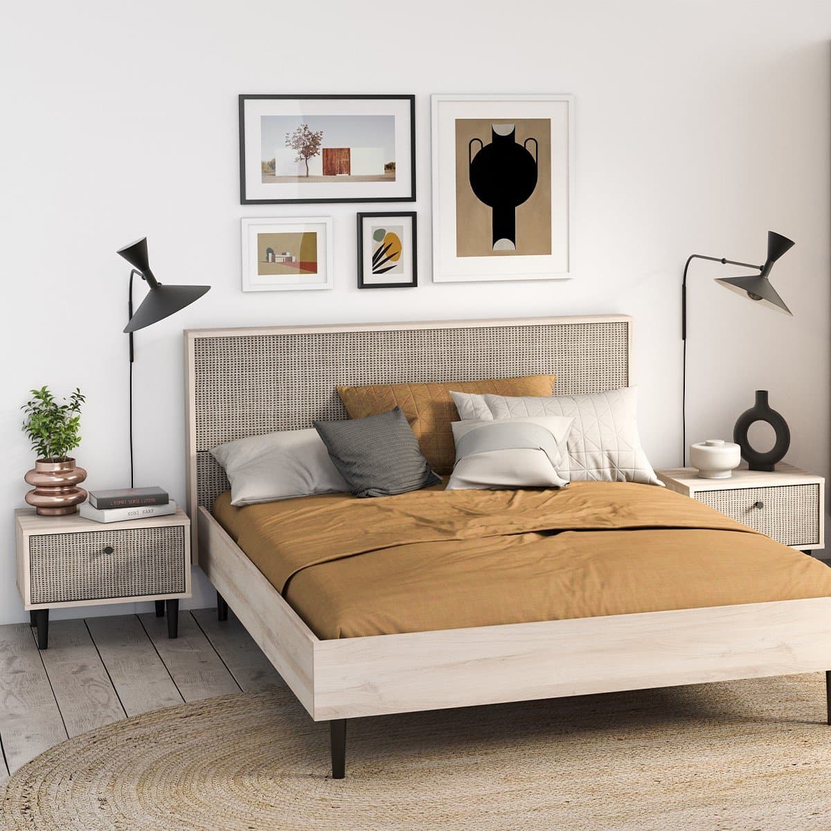 Chevet 1 Tiroir décor Chêne - Impression Rotin et Noir Mat L44,6 cm - Saïgon - Calicosy