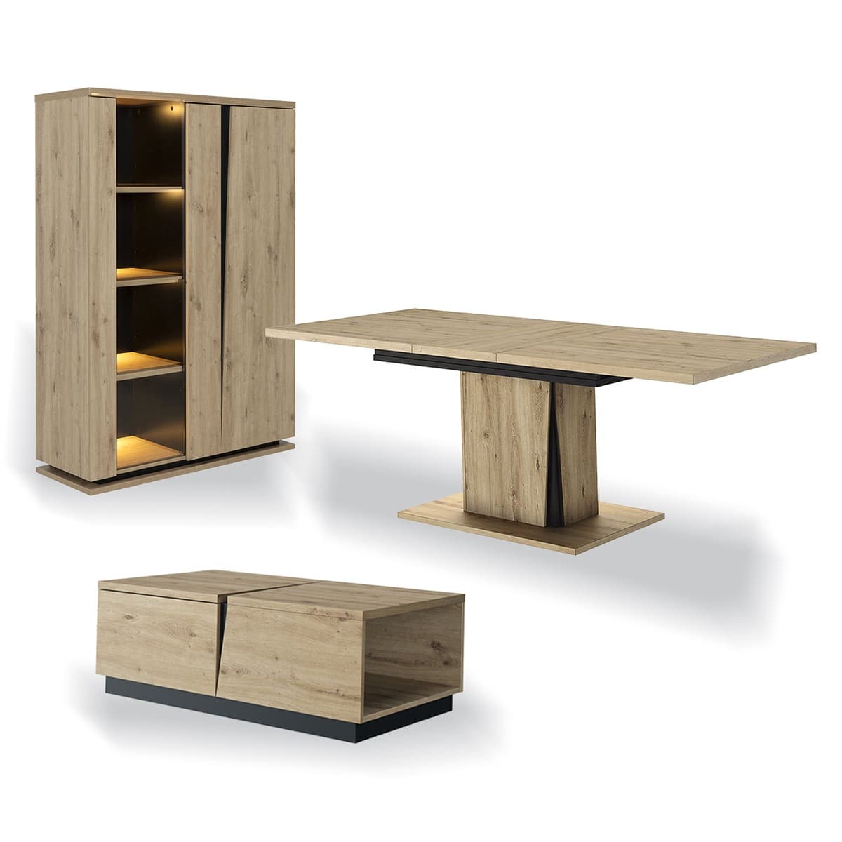 Ensemble vaisselier 2 portes avec éclairage avec table à manger extensible et table basse 1 tiroir Crack - Fabrication Française - Panneaux de particu