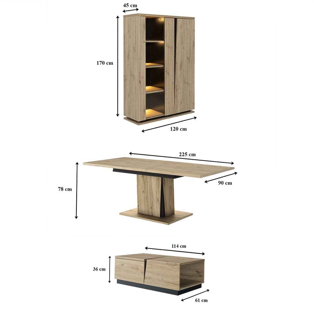 Ensemble vaisselier 2 portes avec éclairage avec table à manger extensible et table basse 1 tiroir Crack - Fabrication Française - Calicosy