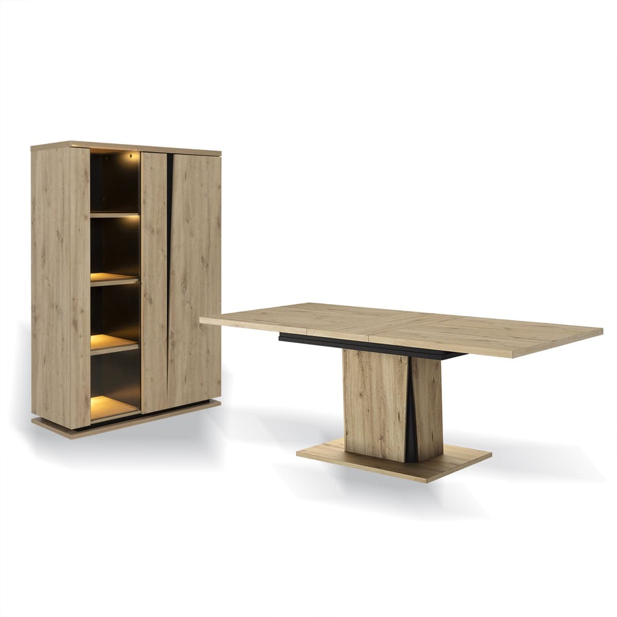 Ensemble vaisselier 2 portes avec éclairage et table à manger extensible Crack - Fabrication Française - Panneaux de particules - Calicosy