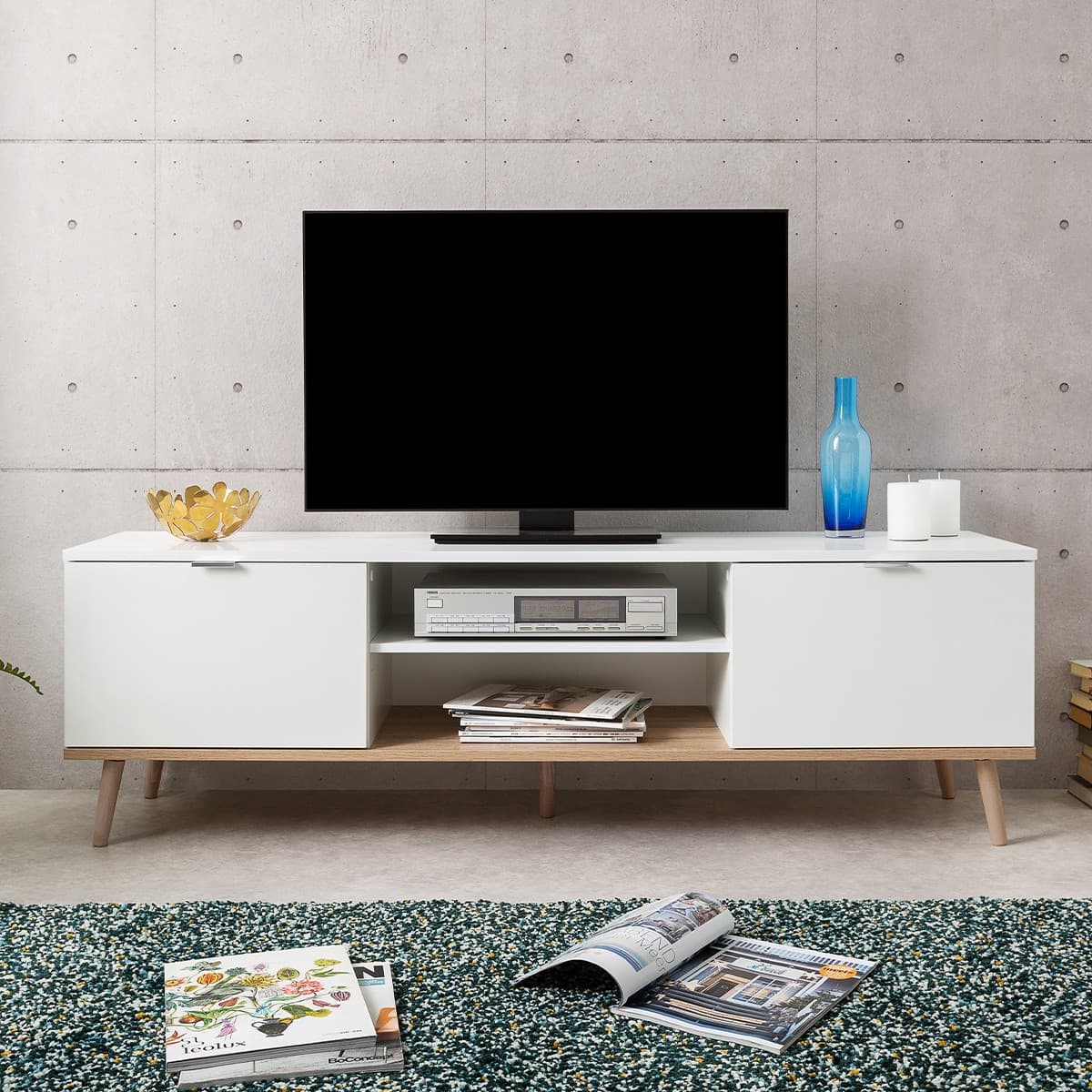 Meuble TV 2 Portes 2 Niches L160 cm - COPENHAGUE - Calicosy