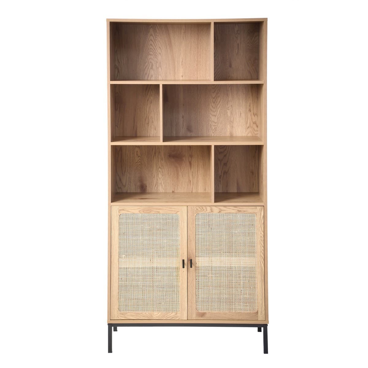Bibliothèque 6 Cases et 2 Portes en Rotin Naturel H175cm - JAYA - Panneaux de particules - Calicosy