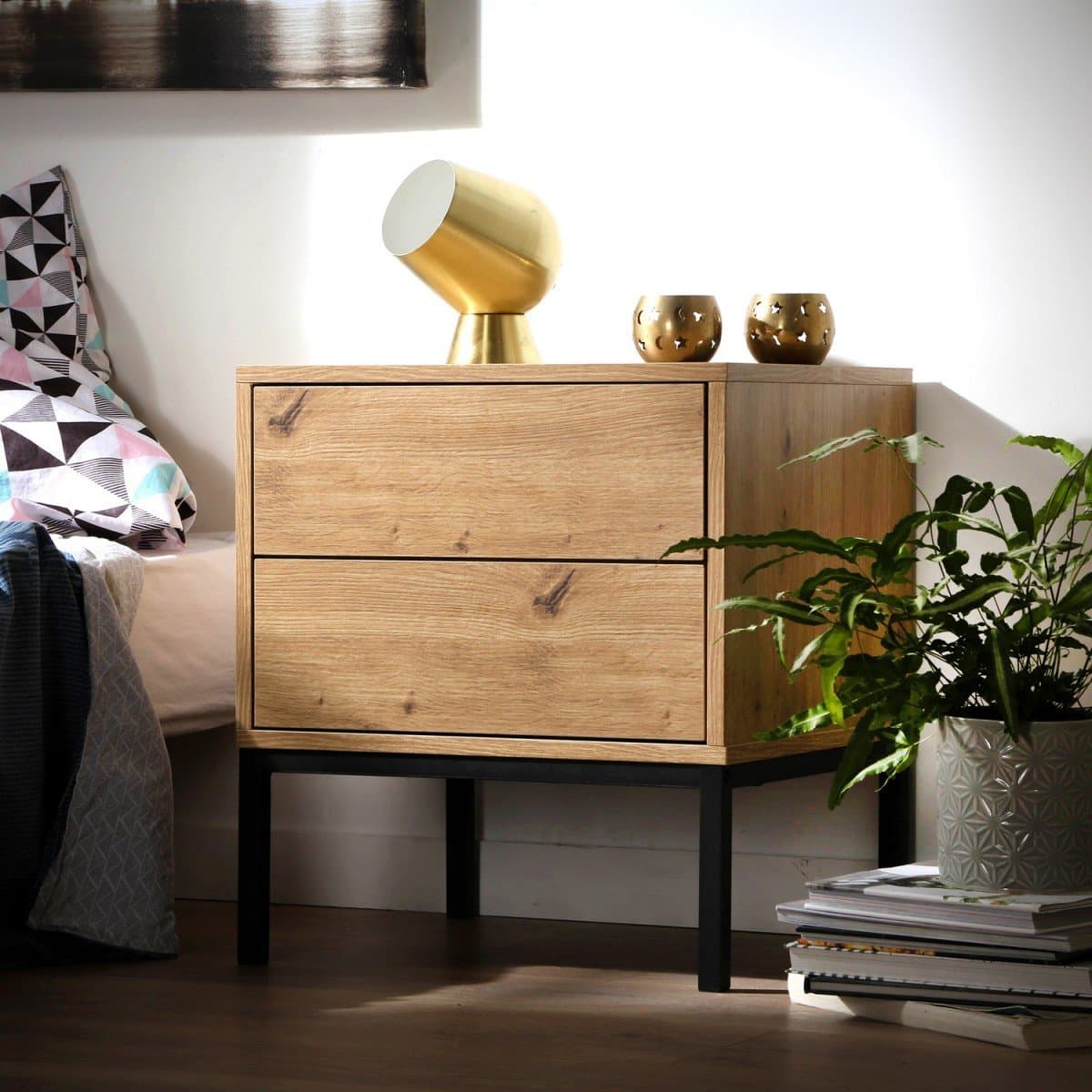 Table de Chevet 2 Tiroirs Décor Chêne H50 cm - LENNY - Calicosy