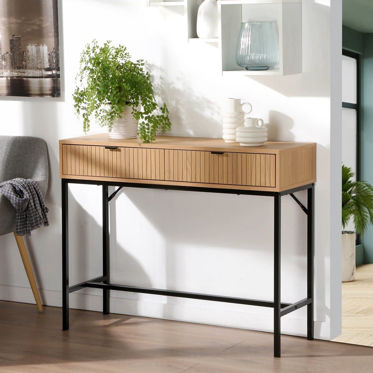 Console 2 Tiroirs Façade Effet Bois Rainuré L100 x H80 cm - TARA - Calicosy