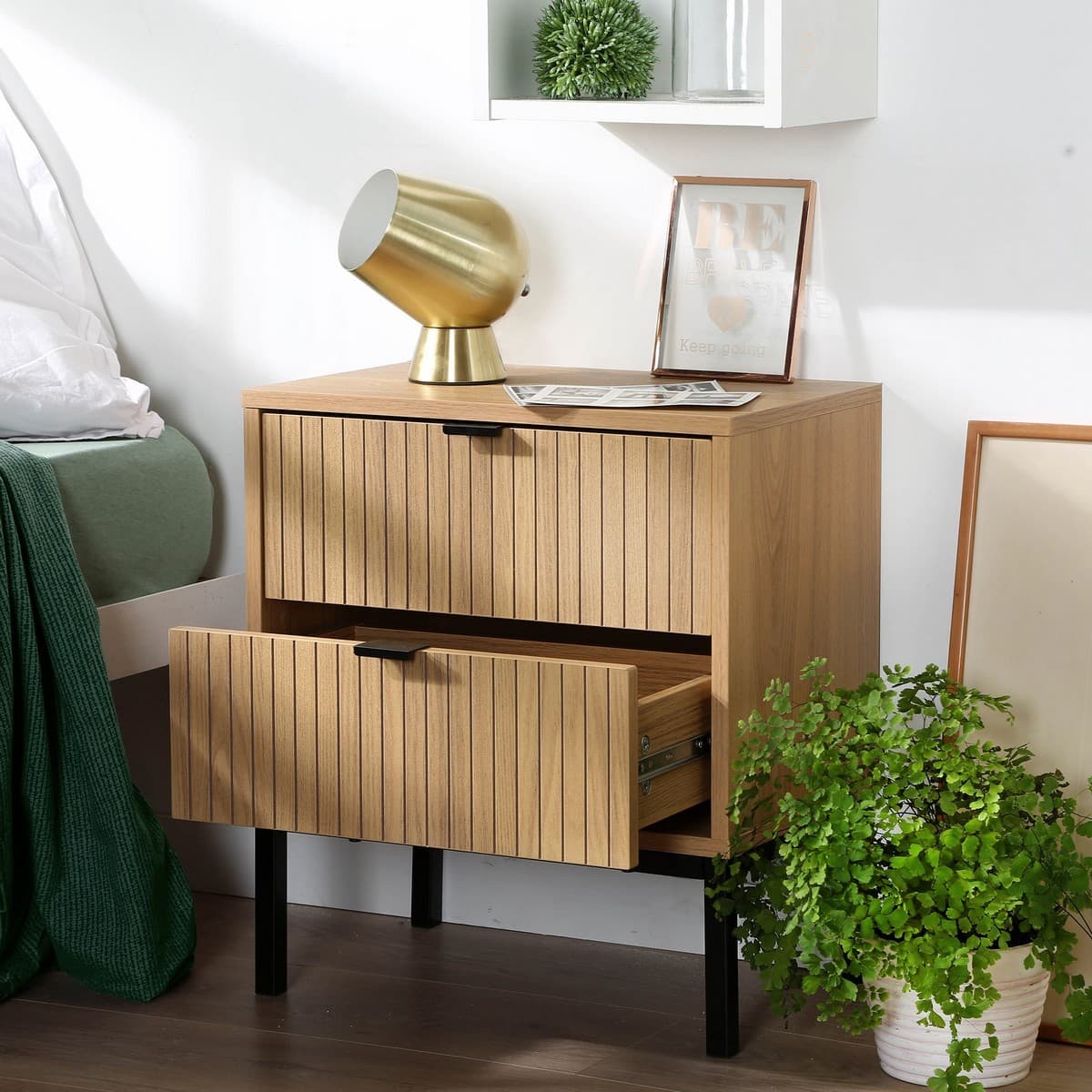 Table de Chevet 2 Tiroirs Effet Bois Rainuré H51cm - TARA - Calicosy