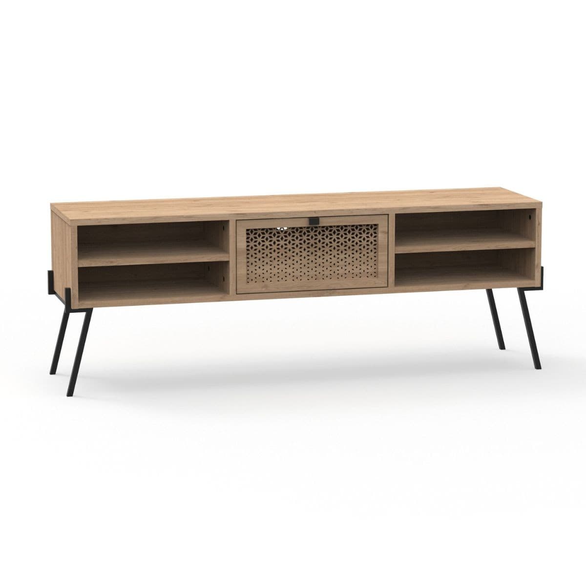 Meuble TV 1 Porte, 4 Niches et Pieds en Métal L140 cm - Evan - Panneaux de particules - Calicosy