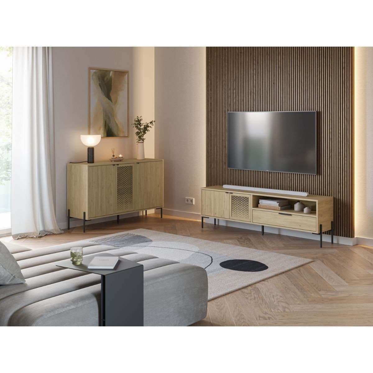 Meuble TV 2 Portes 1 Tiroir 1 Niche L160 cm - Inca - Calicosy