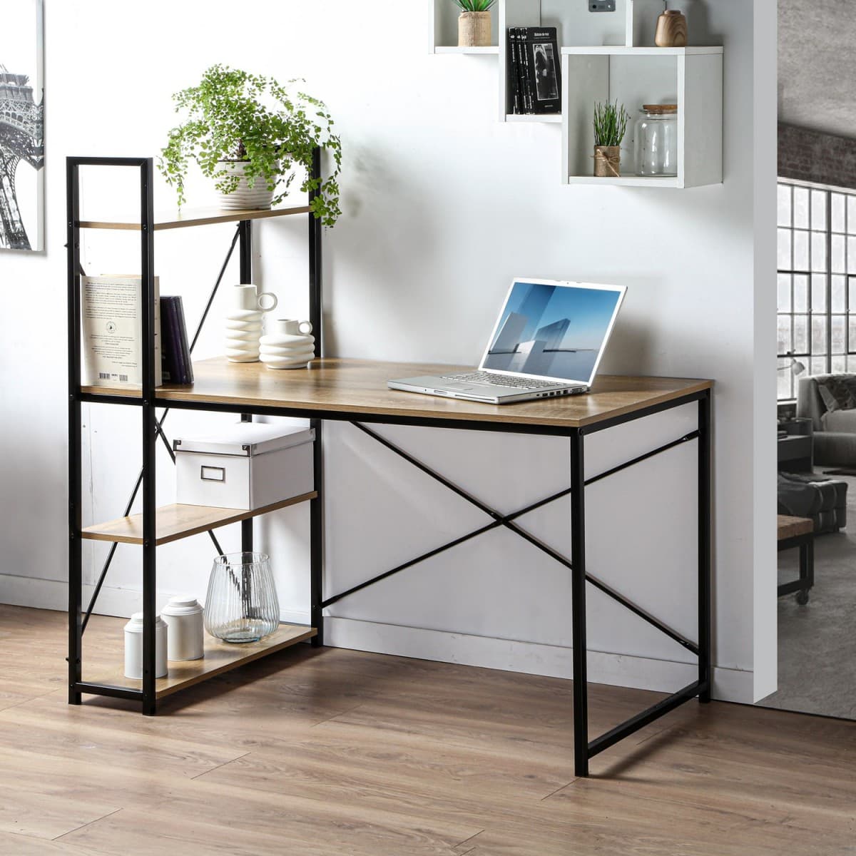 Bureau L120cm avec 4 étagères style industriel - Calicosy