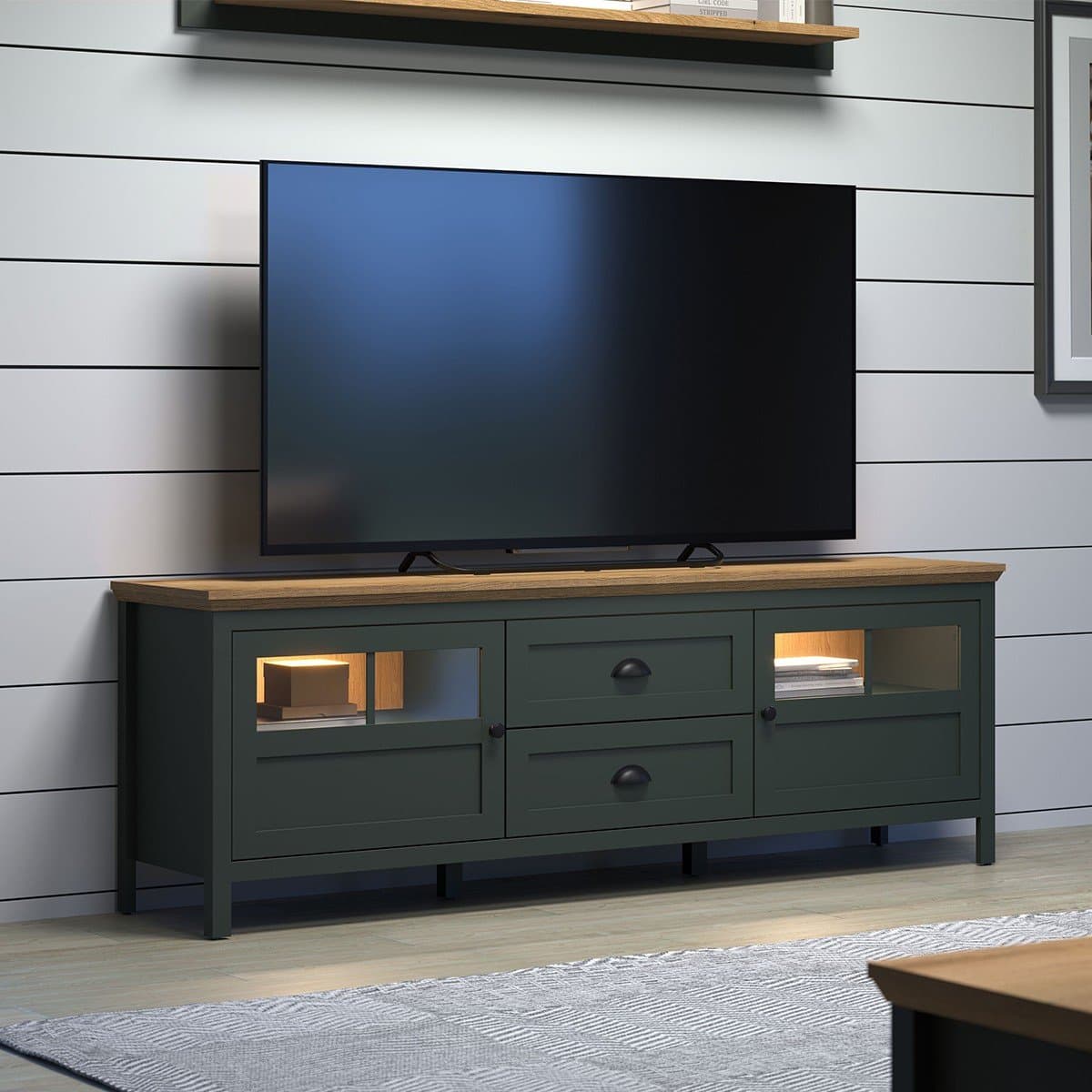 Meuble TV avec éclairage LED inclus, 2 portes et 2 tiroirs L184 cm - Stanton - Calicosy