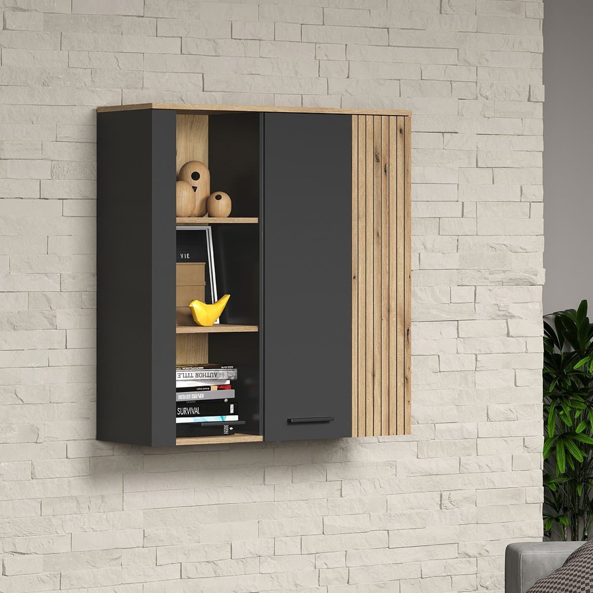 Rangement vitré suspendu, 2 portes dont une avec verre trempé L90 cm - Esteban - Calicosy