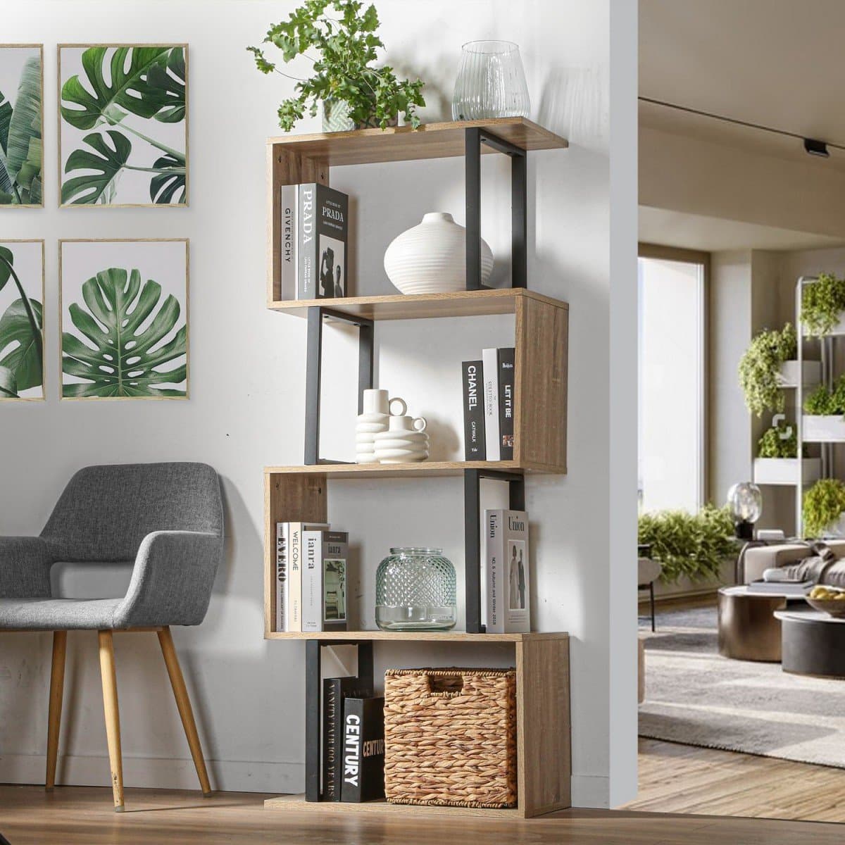 Bibliothèque 4 Niveaux Décor Bois et Montants Métal - H148 cm - Calicosy