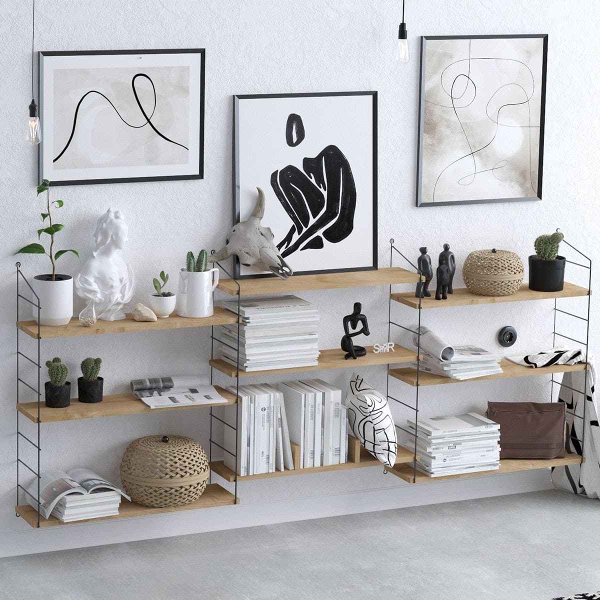 Etagère murale suspendue 9 tablettes décor chêne L216 cm - Laba - Calicosy