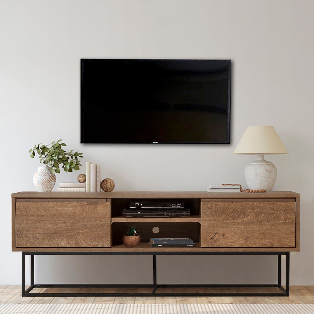 Meuble TV 2 niches et 2 tiroirs décor noyer L140 cm - Rodez - Calicosy