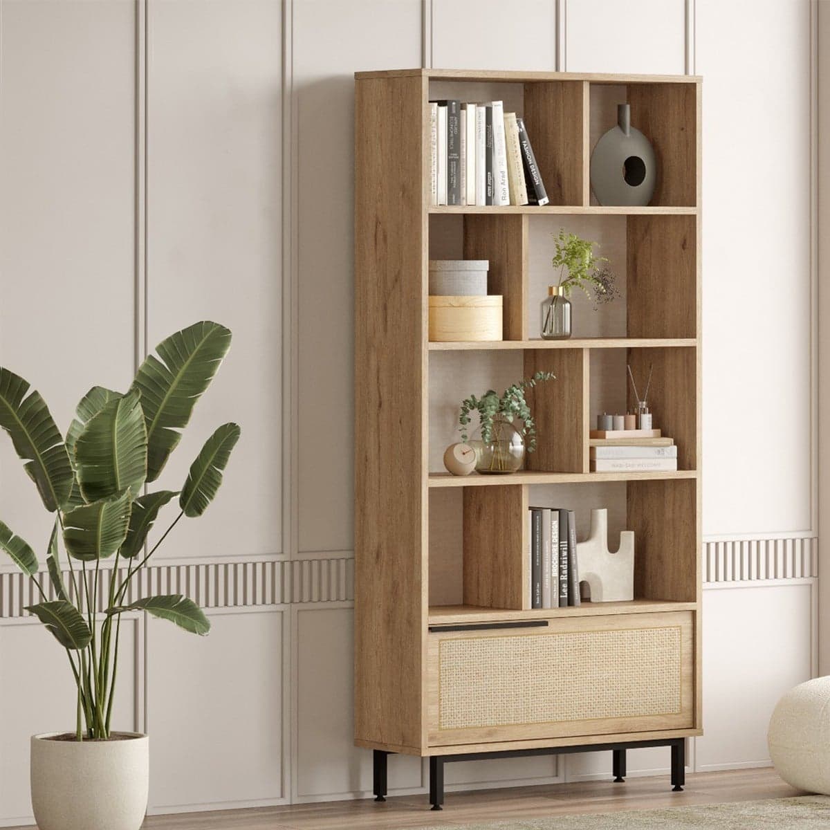 Bibliothèque avec 1 porte décor chêne et impression rotin - H175,6 cm - Calicosy