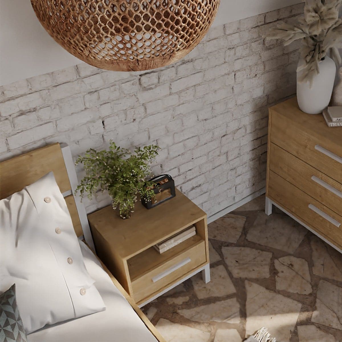 Chevet 1 tiroir et 1 niche dĂ©cor chĂȘne et blanc mat L53,4 cm - CRAFT - Calicosy