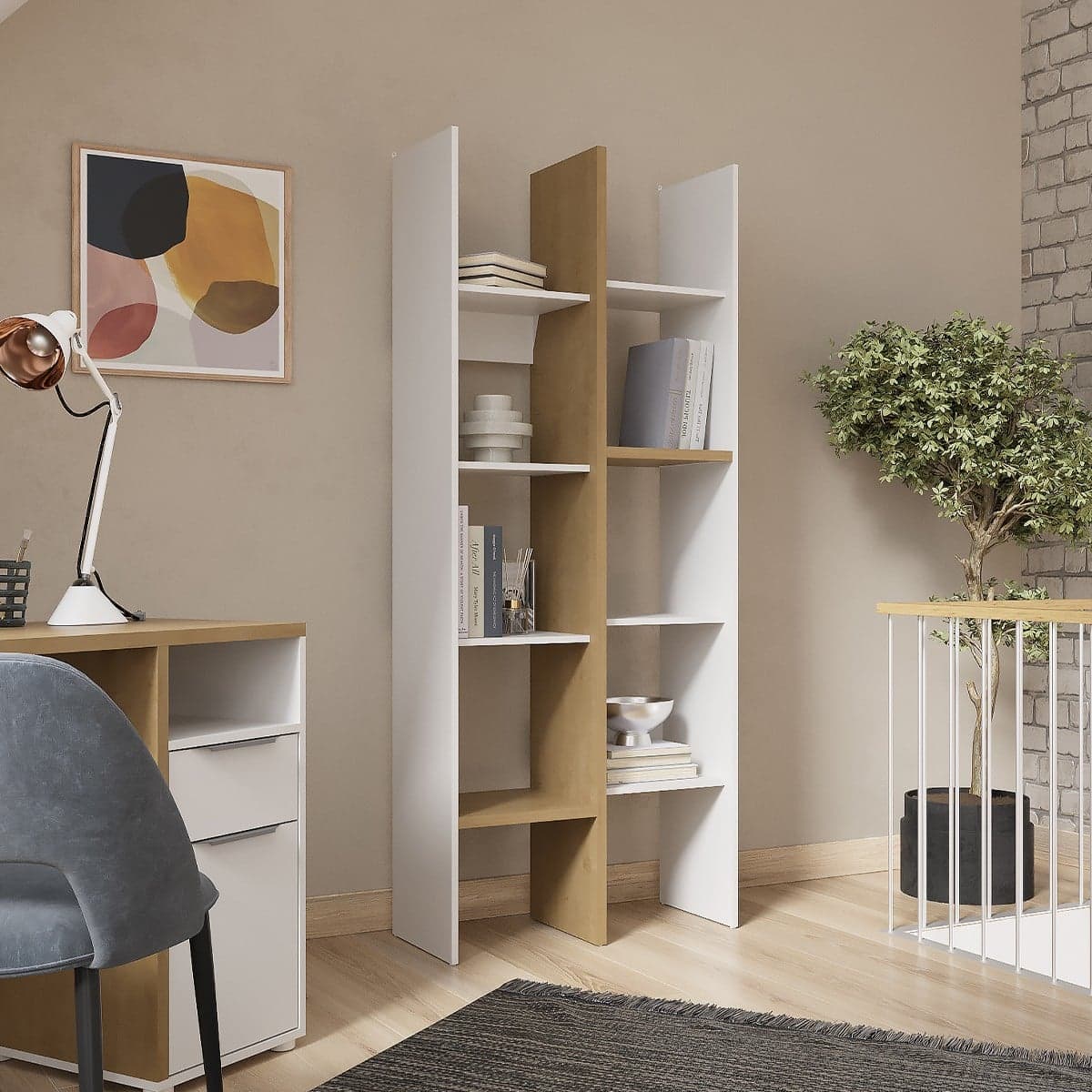 Etagère déco 6 rayons et 8 niches décor chêne et blanc mat - ACCESS - Calicosy