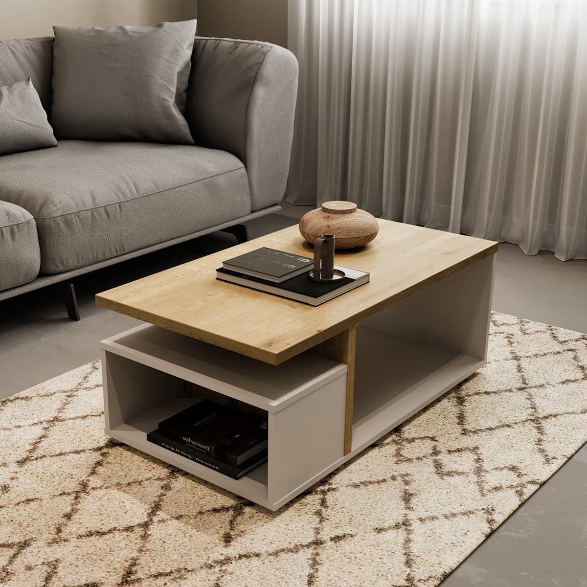 Table basse 3 niches décor chêne et blanc mat L91,8 cm - ACCESS - Calicosy