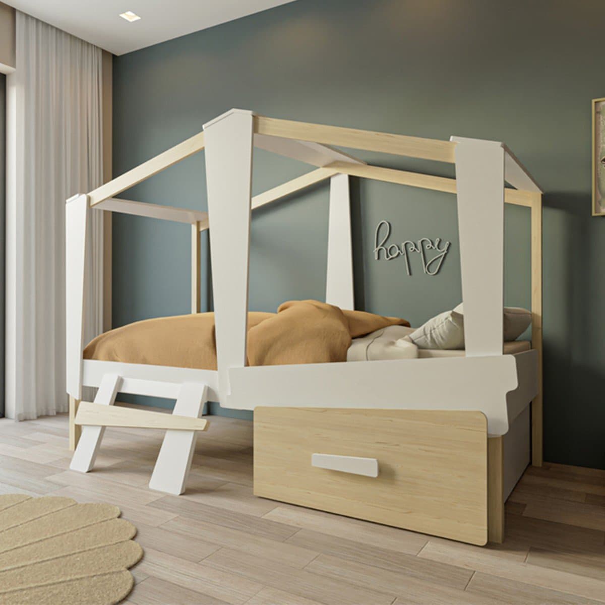 Lit cabane 90x200 avec tiroir blanc et décor chêne - CABANE - Calicosy