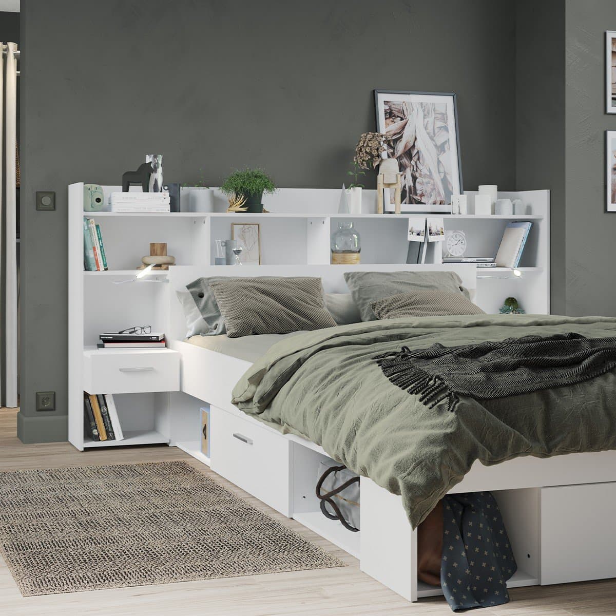 TĂȘte de lit avec tables de chevets et liseuses led intĂ©grĂ©es blanc L108,5 cm - CHICAGO - Calicosy