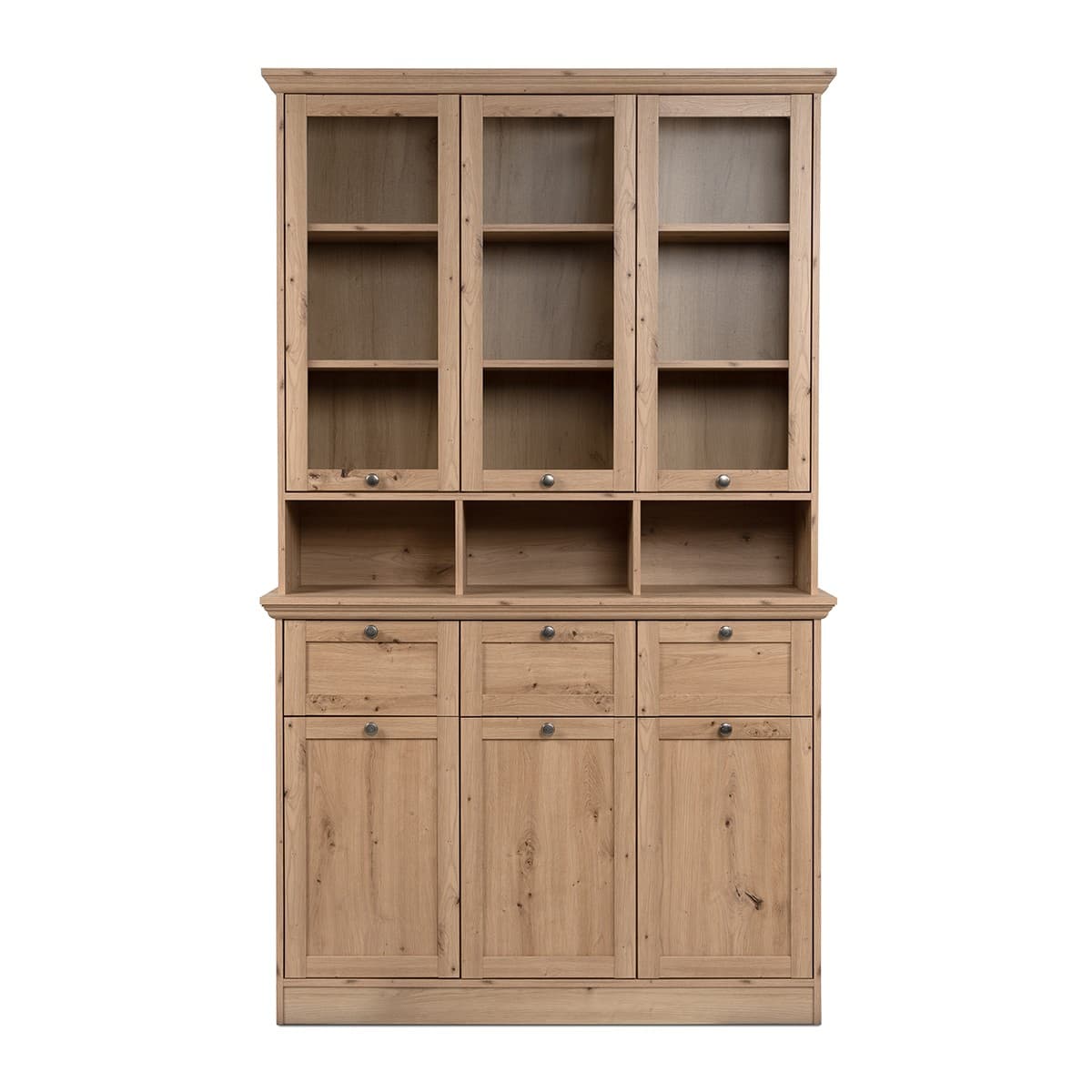 Buffet vitrine 6 portes dont 3 vitrées, 3 tiroirs et 3 niches L120 cm - TIMBER - Panneaux de particules - Calicosy