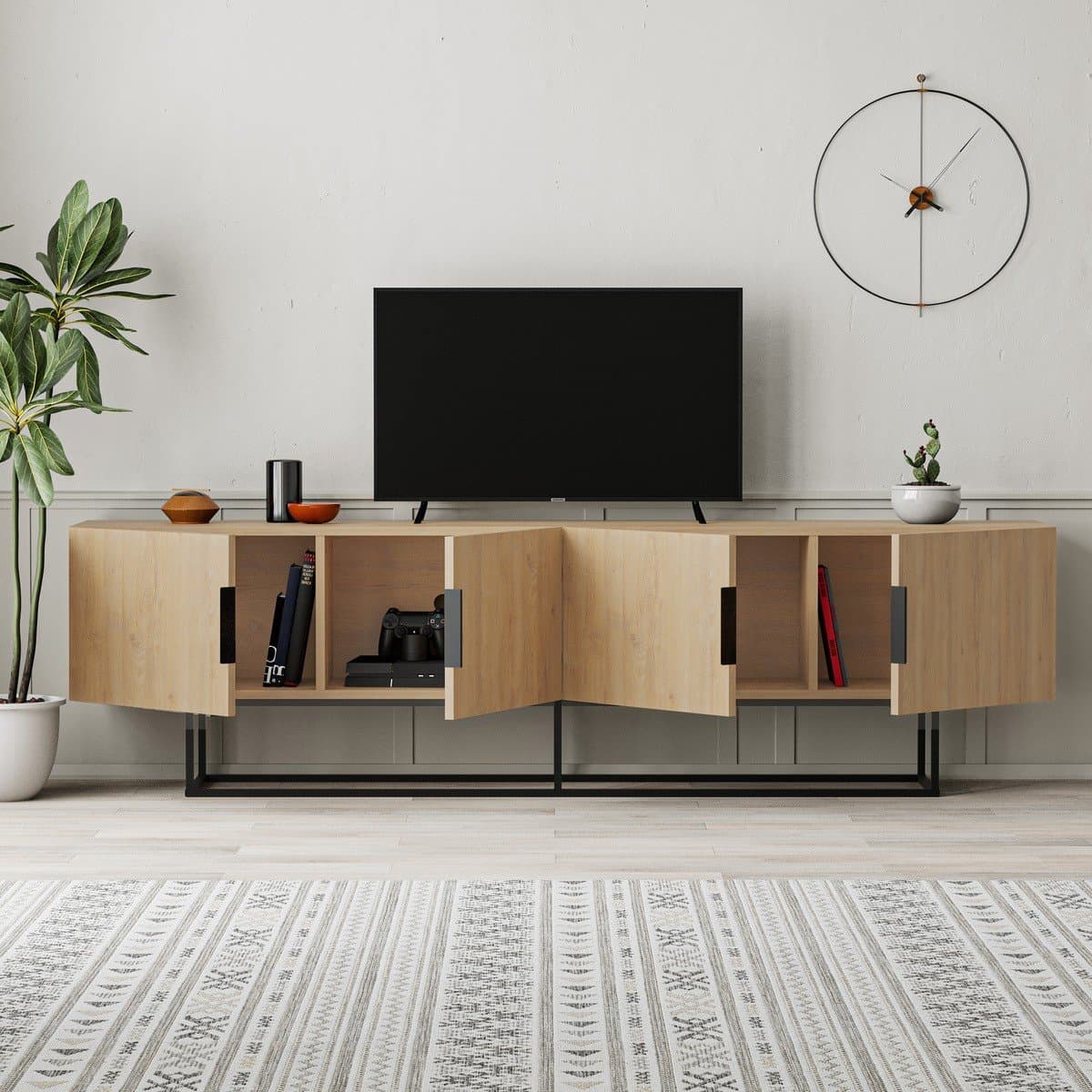 Meuble TV 4 portes avec pieds en métal L200 cm - TITAN - Calicosy