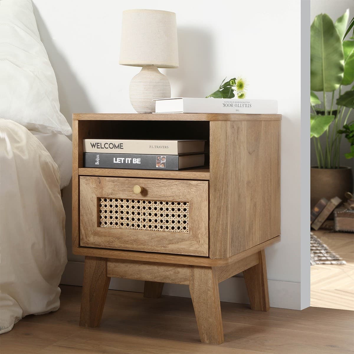 Chevet 1 Tiroir Façade Rotin et 1 Niche L39 cm - PALMO - Calicosy