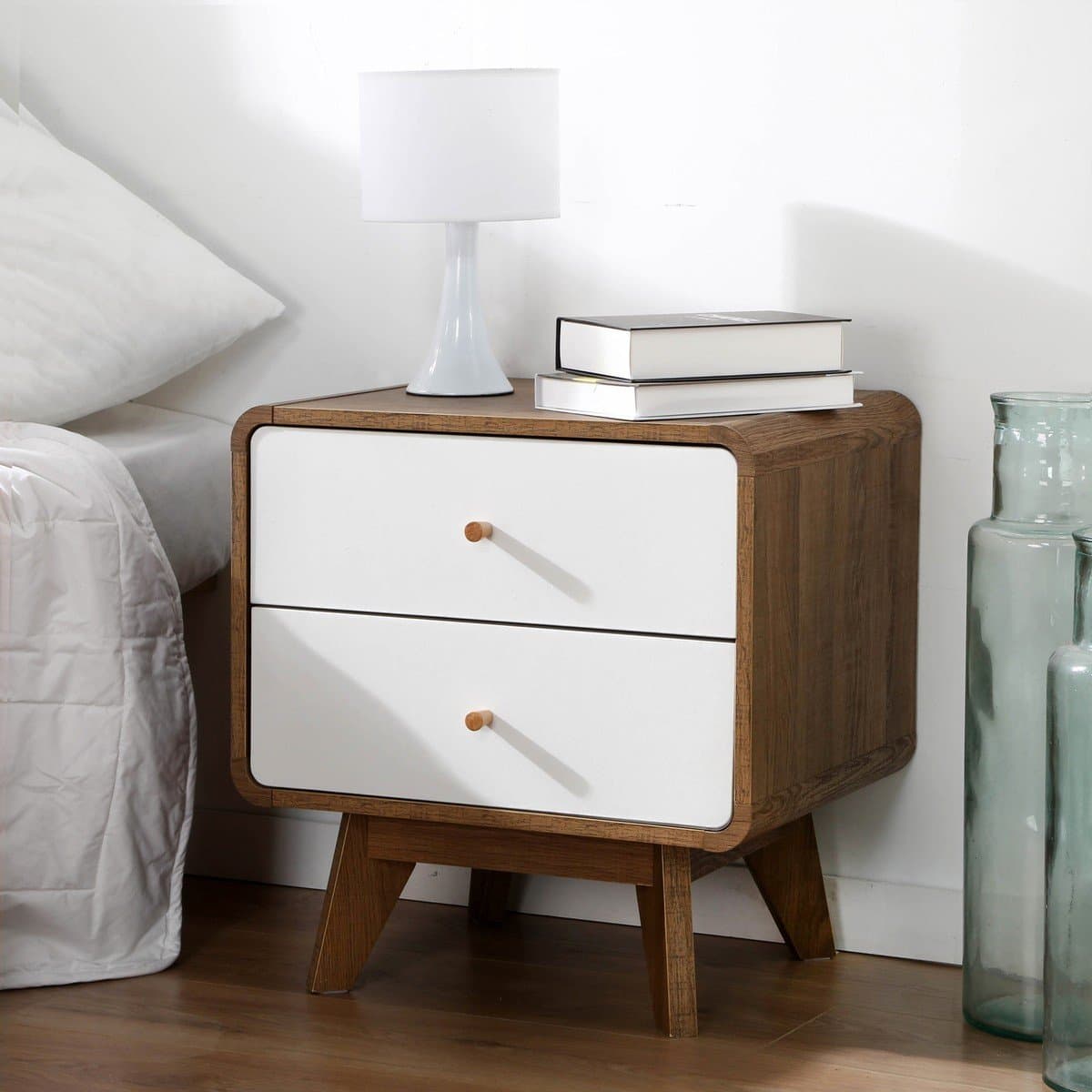Chevet 2 Tiroirs Décor Bois et Blanc - ALBURA - Calicosy