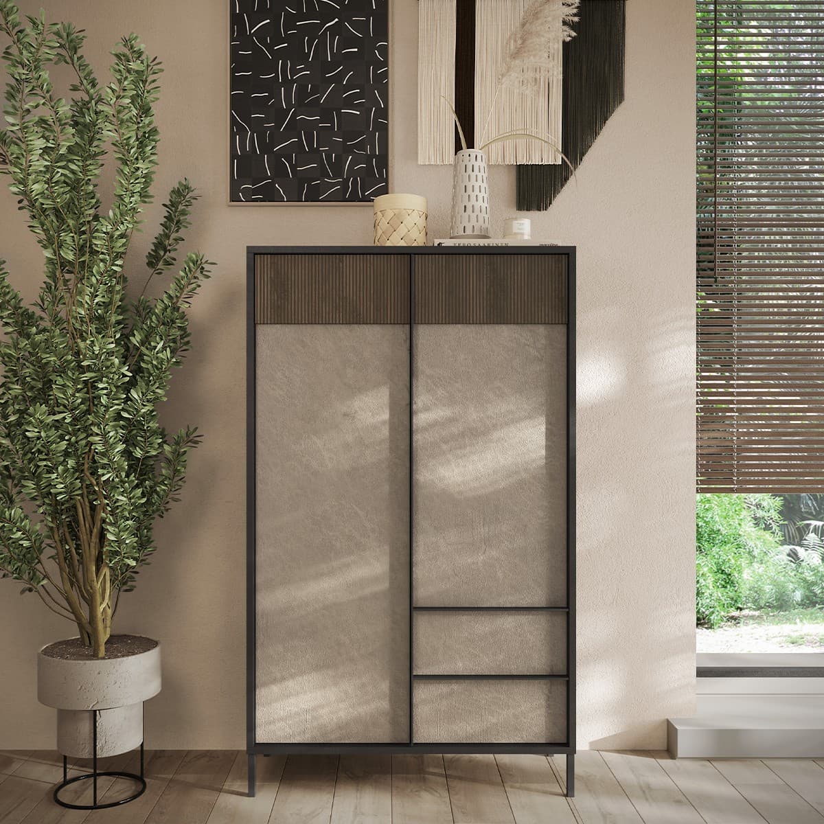 Buffet 2 portes, 2 tiroirs et 3 étagères L106 cm - EVEREST - Calicosy