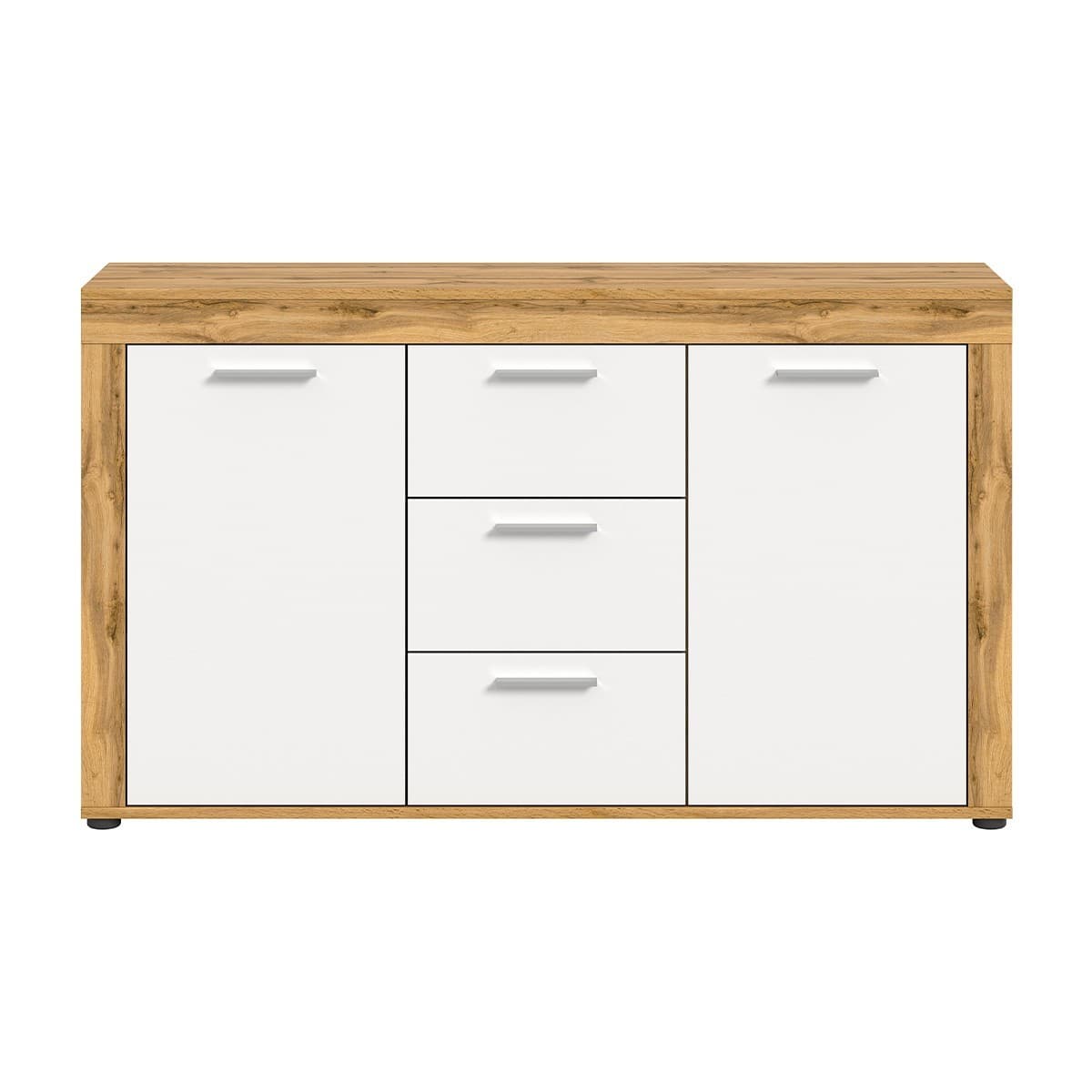 Buffet 2 portes et 3 tiroirs blanc et chĂȘne wotan L125 cm - AOSTA - Panneaux de particules - Calicosy