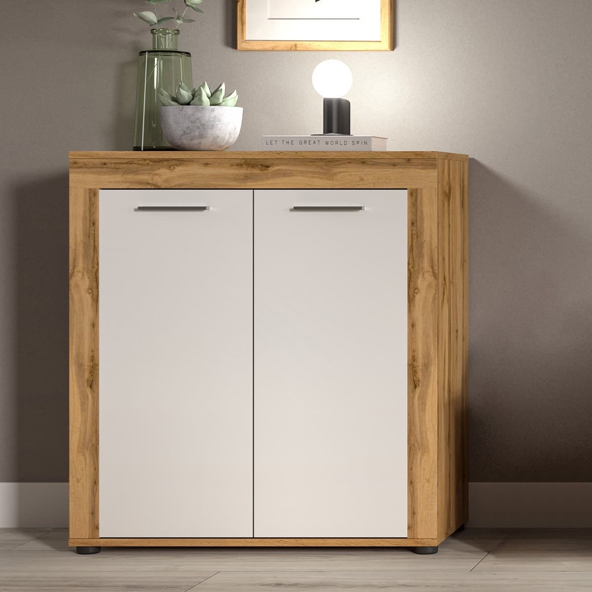 Buffet haut 2 portes blanc et chêne wotan L80 cm - AOSTA - Calicosy