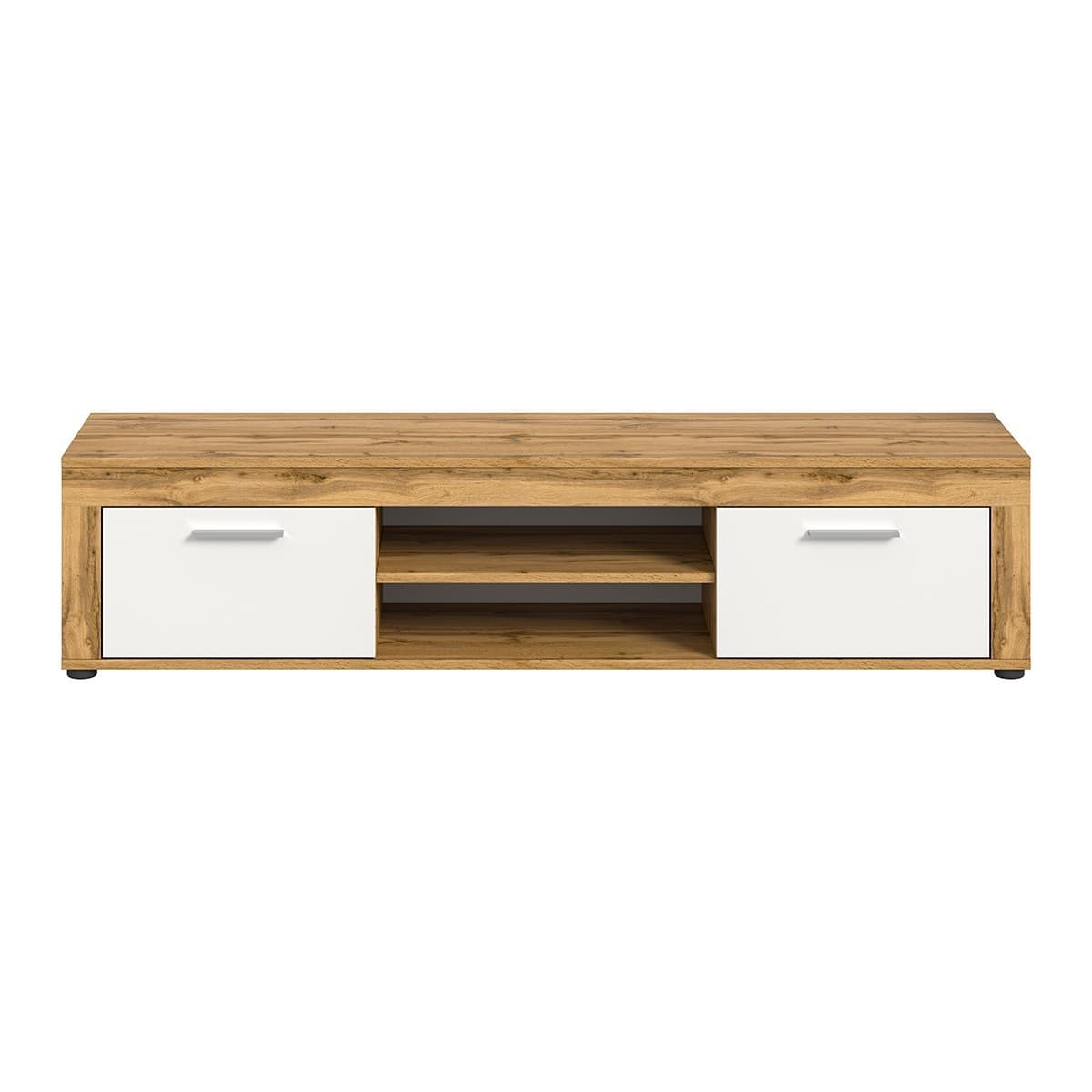 Meuble TV 2 portes abattantes et 2 niches blanc et chêne wotan L160 cm - AOSTA - Panneaux de particules - Calicosy