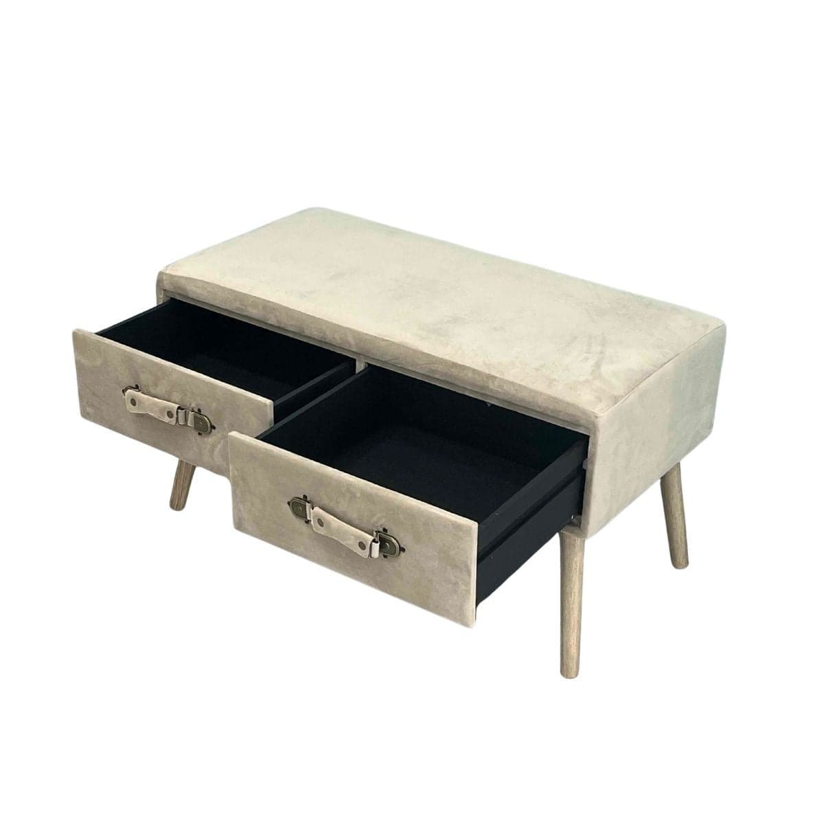 Banc en velours beige 2 tiroirs avec poignées en velours et ferrure bronze - Calicosy