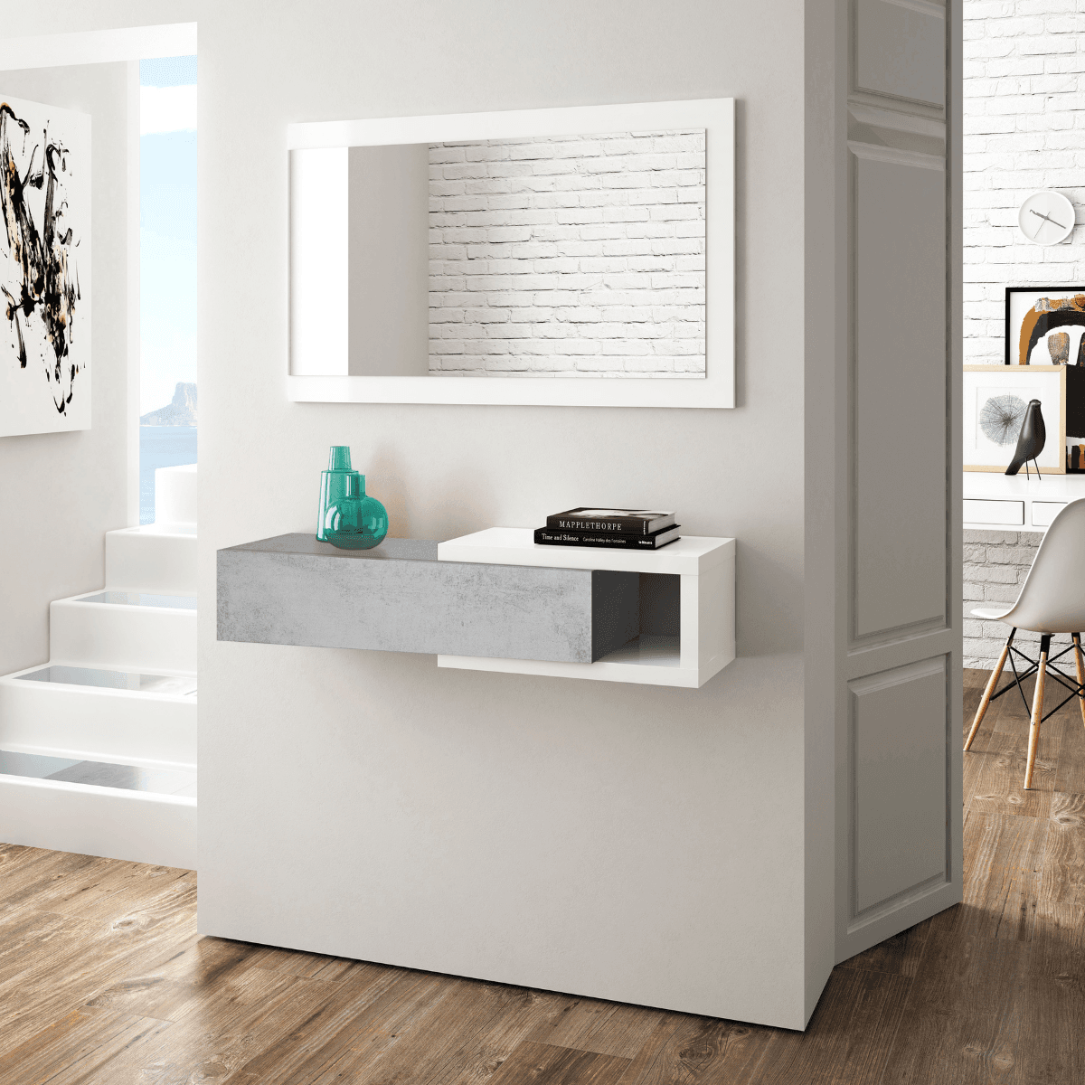 Console suspendue réversible avec 1 tiroir et 1 miroir L95 cm - NOON - Calicosy