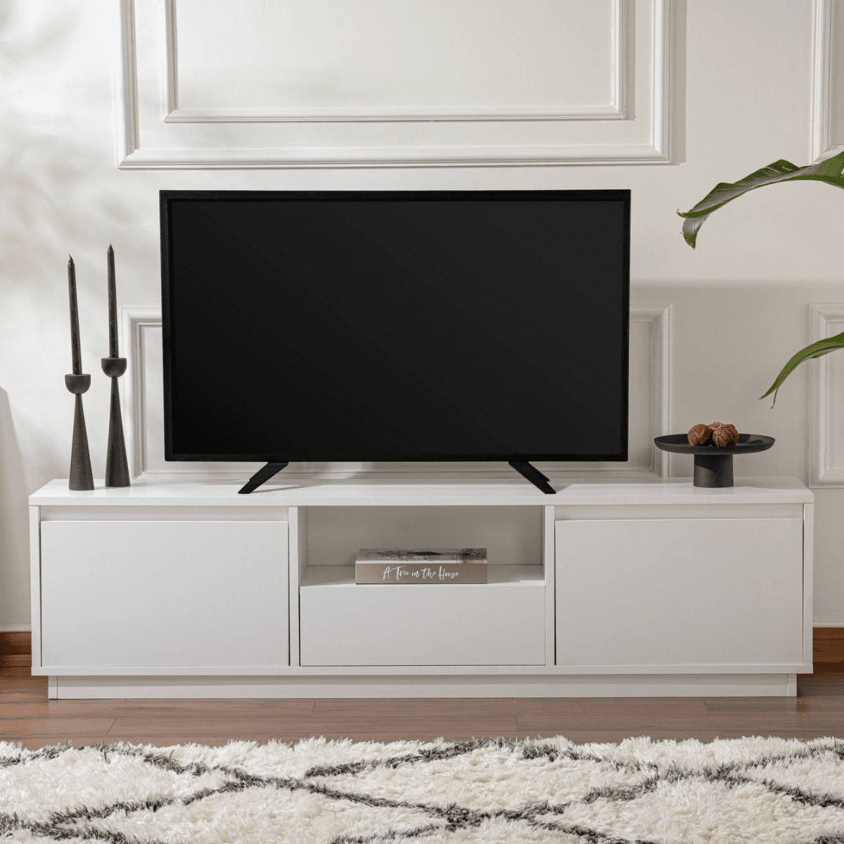 Meuble TV 3 portes rabattables et 1 niche ouverte L160 cm - VANGUARD - Calicosy